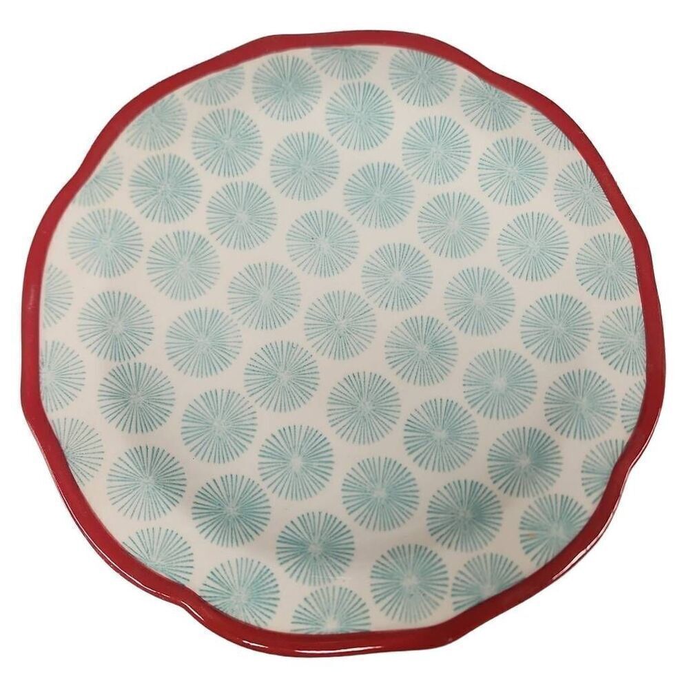 The Pioneer Woman Happiness Teal Scalloped Red Rim 8.5" Salad Plate